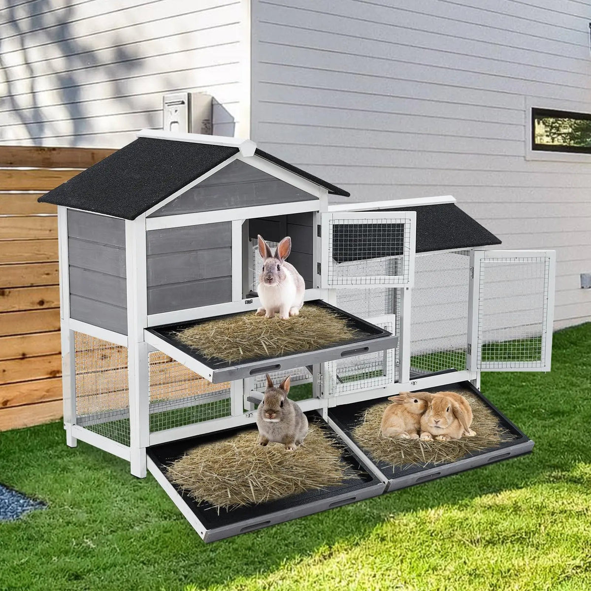 63in Bunny Hutch Indoor, Wooden Rabbit Cage 2-Tier With 3 Removable Trays, Waterproof Roof Bunny House Outdoor Coop The Pet & Home Store