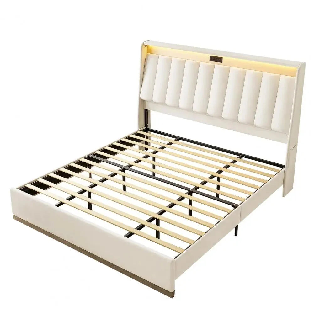 Platform Bedstead, King Size Bed Frame, Upholstered Bed Frame with RGB LED Lighting Charging Station The Pet & Home Store
