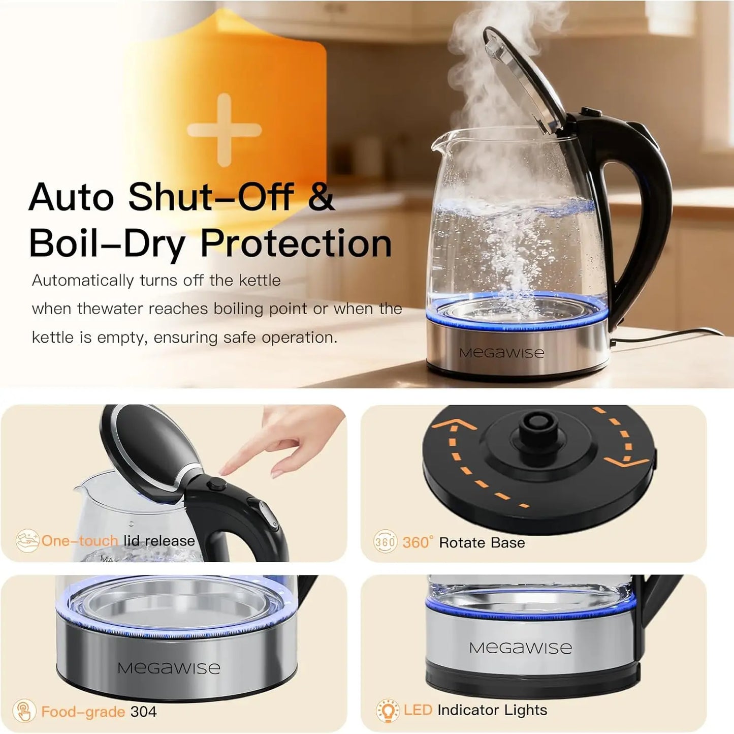 Electric Glass Kettle Auto Shut Off 1 8L
