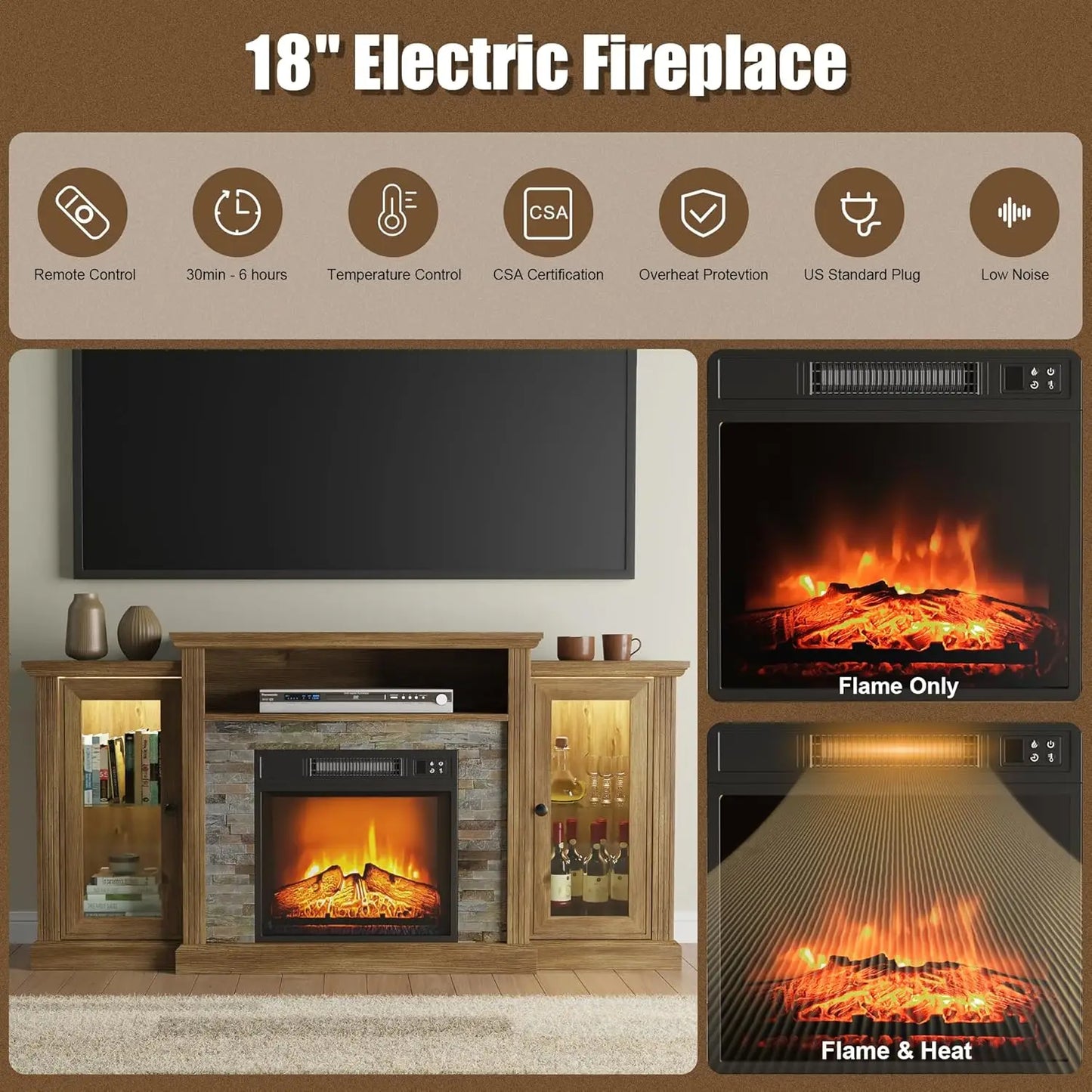 Fireplace TV Stand for 65 Inch TV, Entertainment Center with 18 inch Electric Fireplace & LED Lights,Mordern Media, Customized The Pet & Home Store