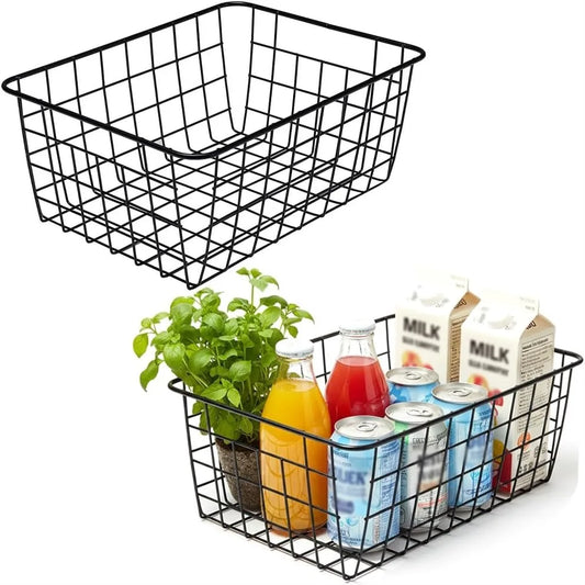 Wire Basket Set for Kitchen Pantry Organization with Handles, 2 Pack Black