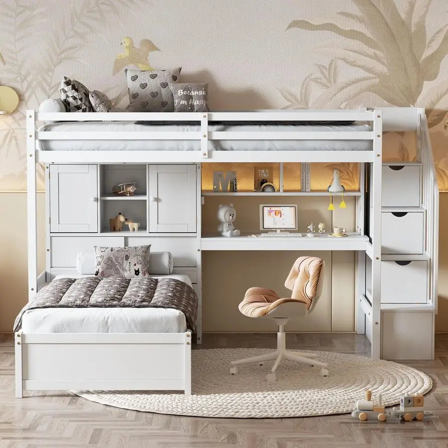 MBVM Twin Over Twin Bunk Bed With Desk And Storage