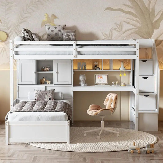 MBVM Twin Over Twin Bunk Bed With Desk And Storage