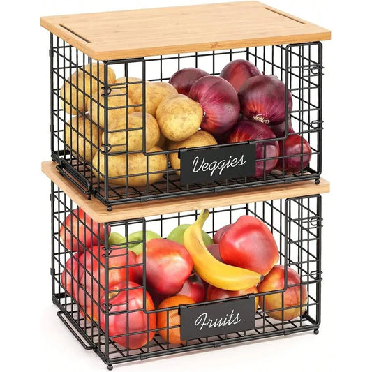 Stackable Wire Baskets With Bamboo Top For Pantry Storage