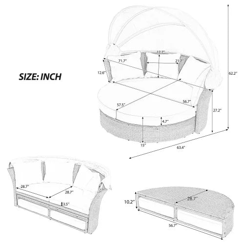 Outdoor terrace sofa bed, wicker rattan double bed, circular sofa furniture set, with retractable ceiling, 4 pillows, gray