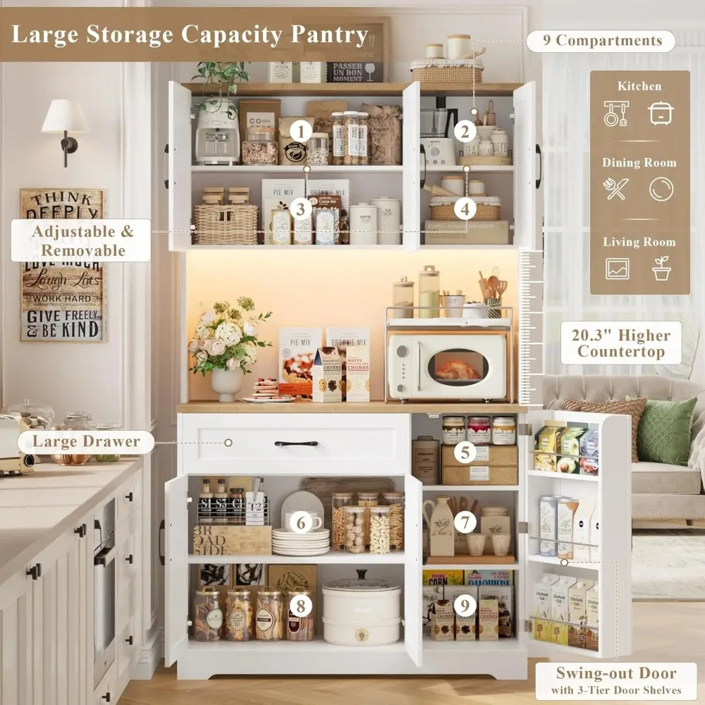 71" LED Pantry Cabinet with Power Outlet, Tall Kitchen Hutch Storage Cabinet with Microwave Stand & 6 Door Shelves,, Customized