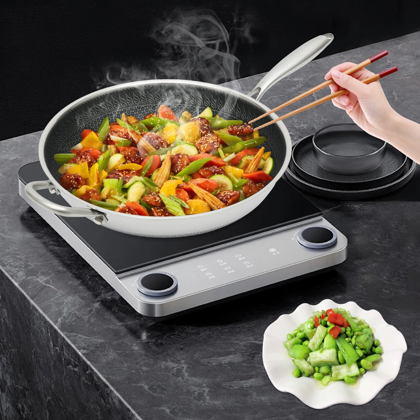 Stainless Steel Skillet, 34cm Wok Pan with Lid, Nonstick Frying Pan for Induction Cooktop Gas Stove