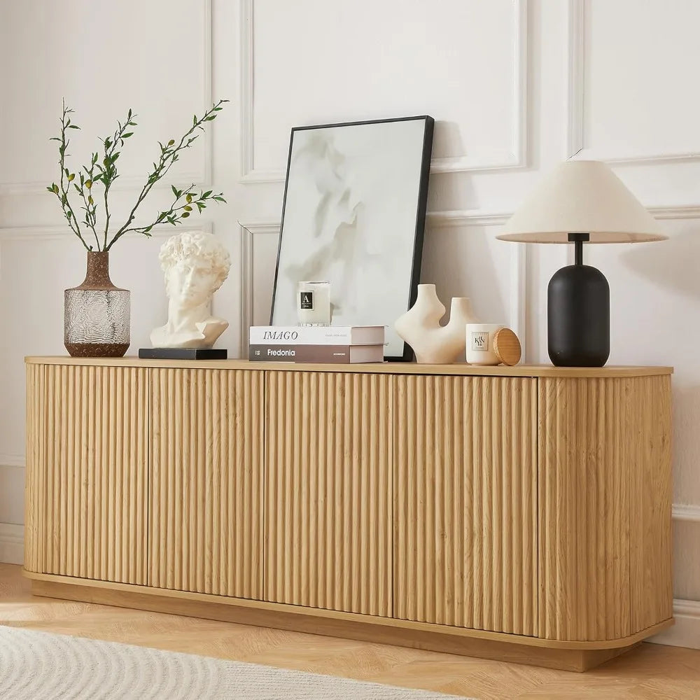 Fluted Wooden Sideboard Buffet Cabinet With Adjustable Shelves