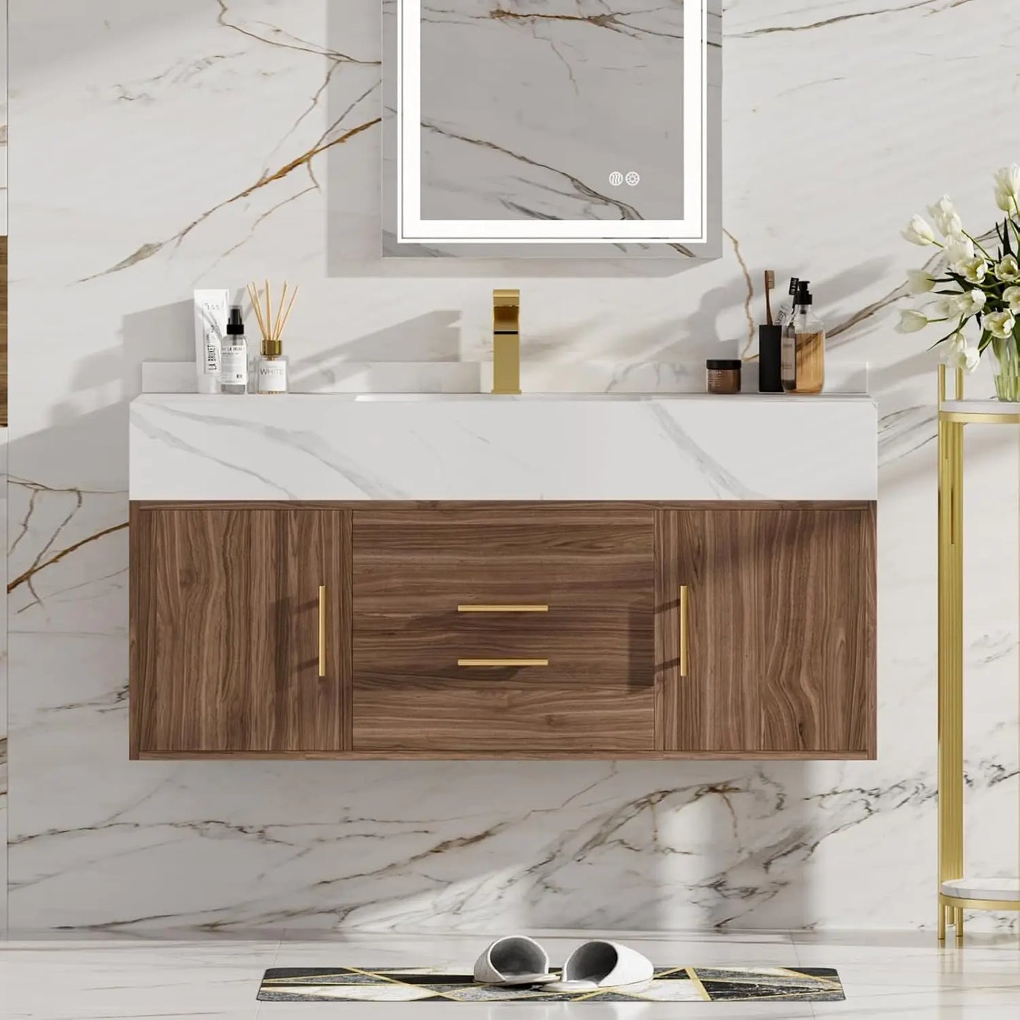 39.4" Floating Bathroom Vanity Sintered Stone Top 2 Drawer Cabinet Undermount Ceramic Sink Walnut Customized
