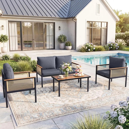 Bamboo Outdoor Patio Furniture Set For Four With Cushions Table