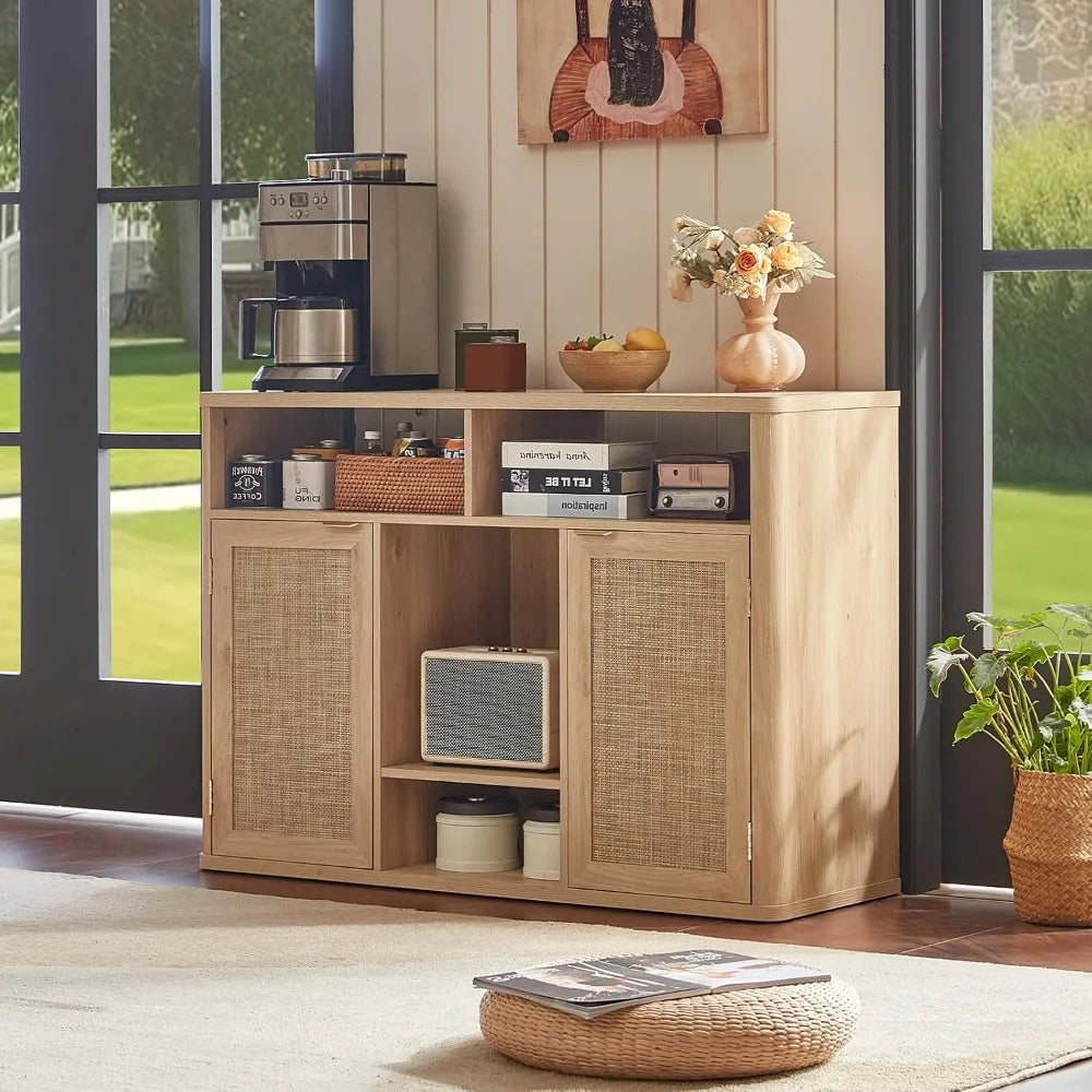Rattan Wine Cabinet With 2 Doors,Boho Liquor Cabinet,Wine Racks,Farmhouse Coffee Bar Station For Living Room,Custom