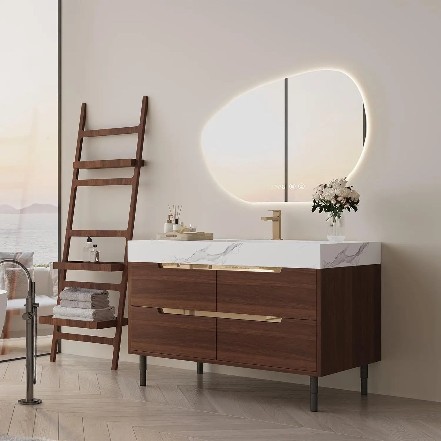 Solid Wood Vanity With Ceramic Sink And Sintered Stone Top