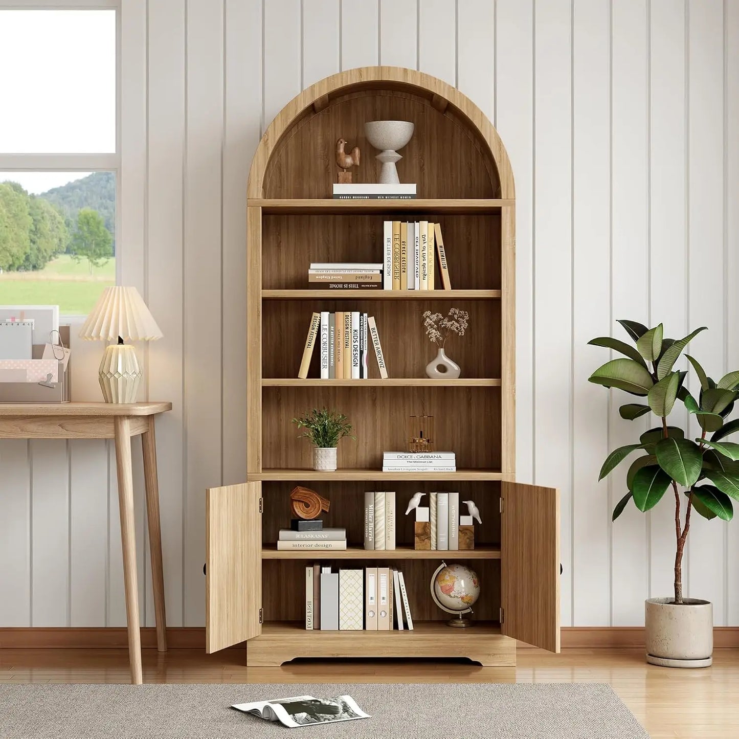 Arched Bookcase With Storage Door 6 Tier Freestanding Cabinet Farmhouse