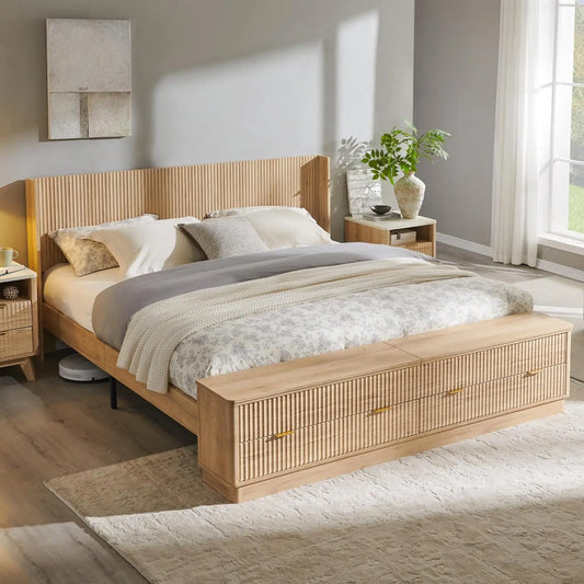 Fluted King Size Bed Frame with Wingback Headboard, Footboard Storage Bench with Built-in Drawers & Lift-Up, Customized