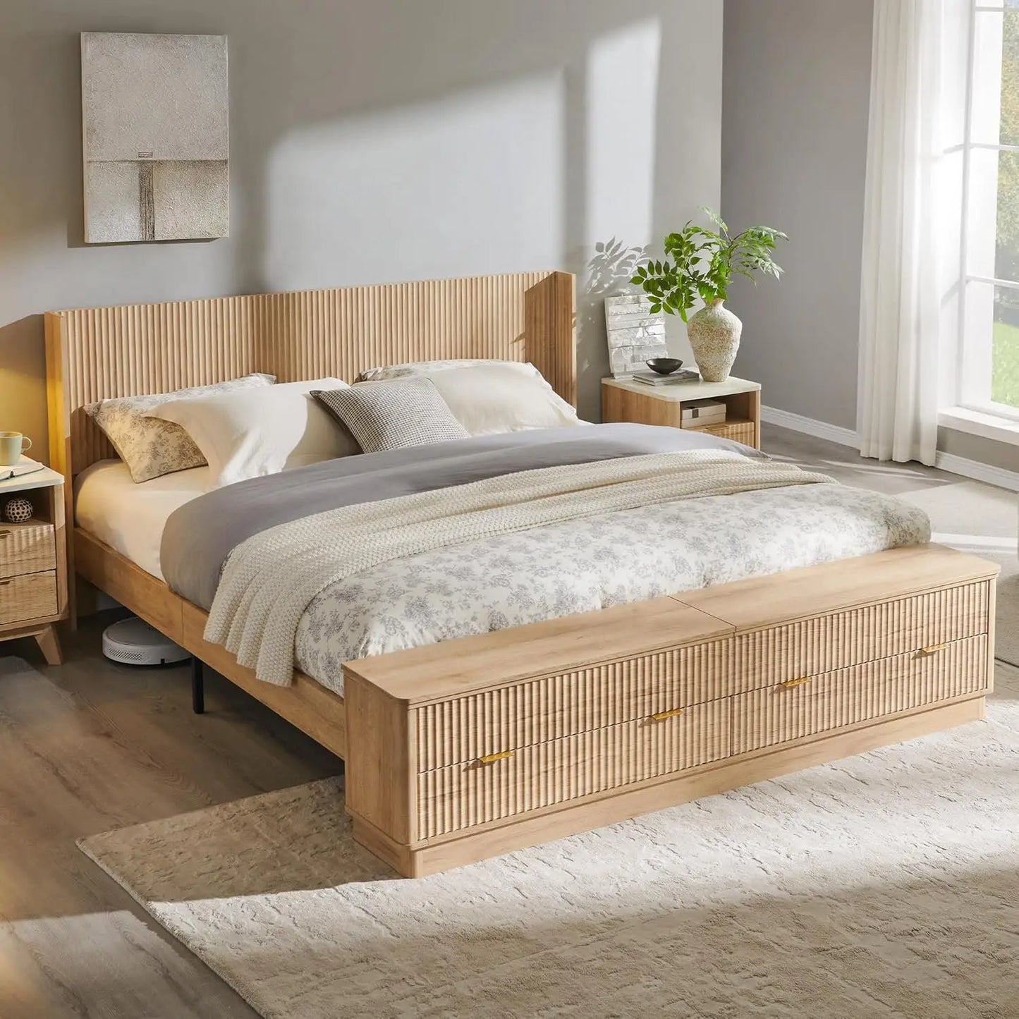 Fluted King Size Bed Frame with Wingback Headboard, Footboard Storage Bench with Built-in Drawers & Lift-Up, Customized