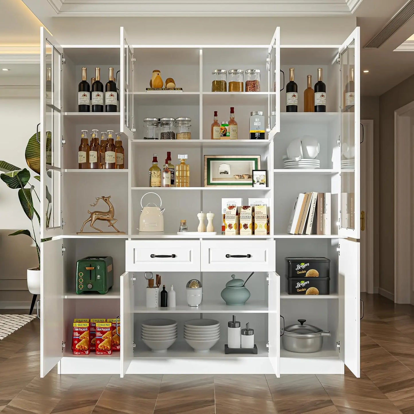 Kitchen Storage Cabinet With Glass Doors And 2 Drawers