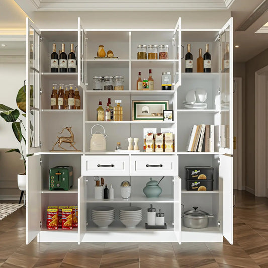 Kitchen Storage Cabinet With Glass Doors And 2 Drawers