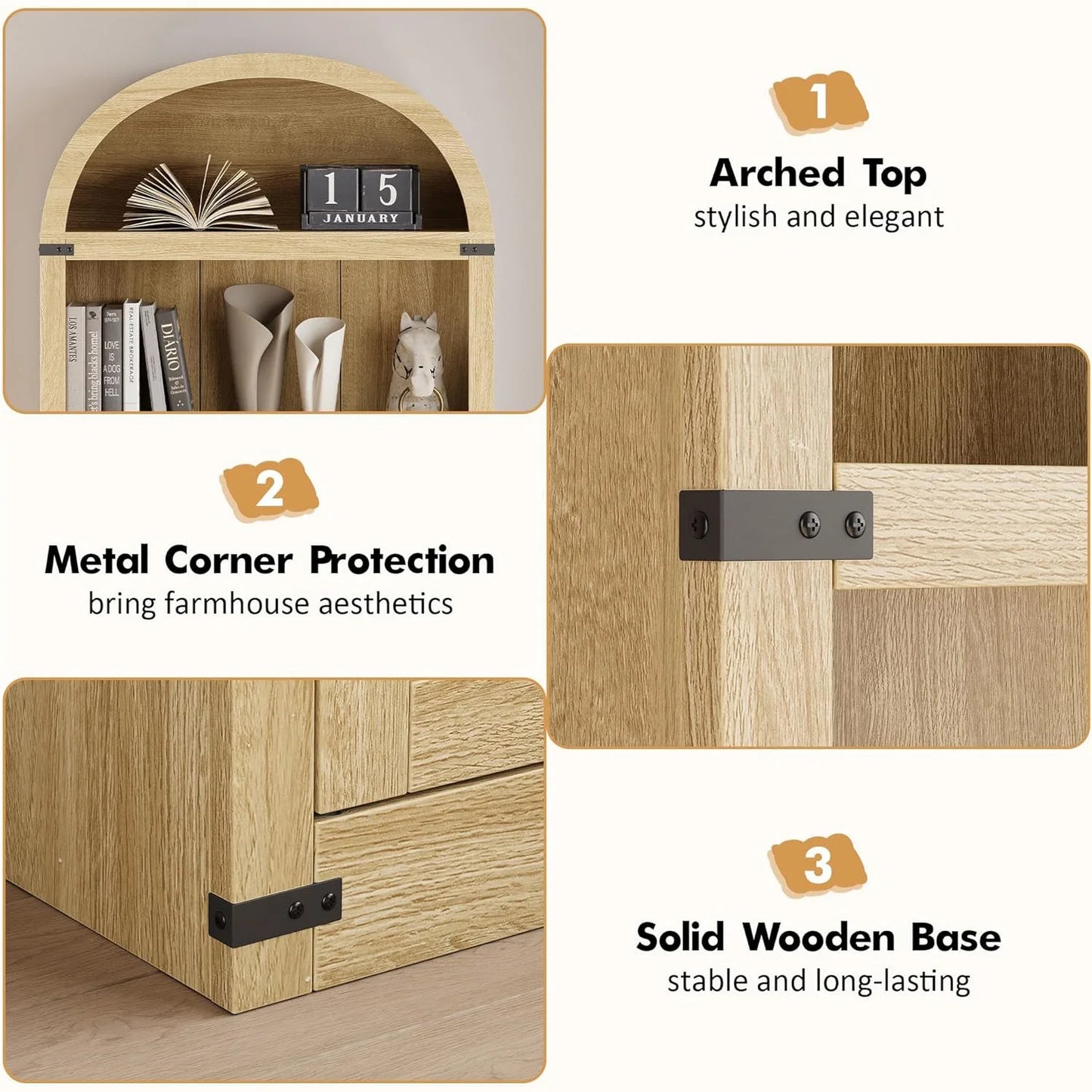 HobbyLane Arched Doors Bookcase Farmhouse Wooden Shelf
