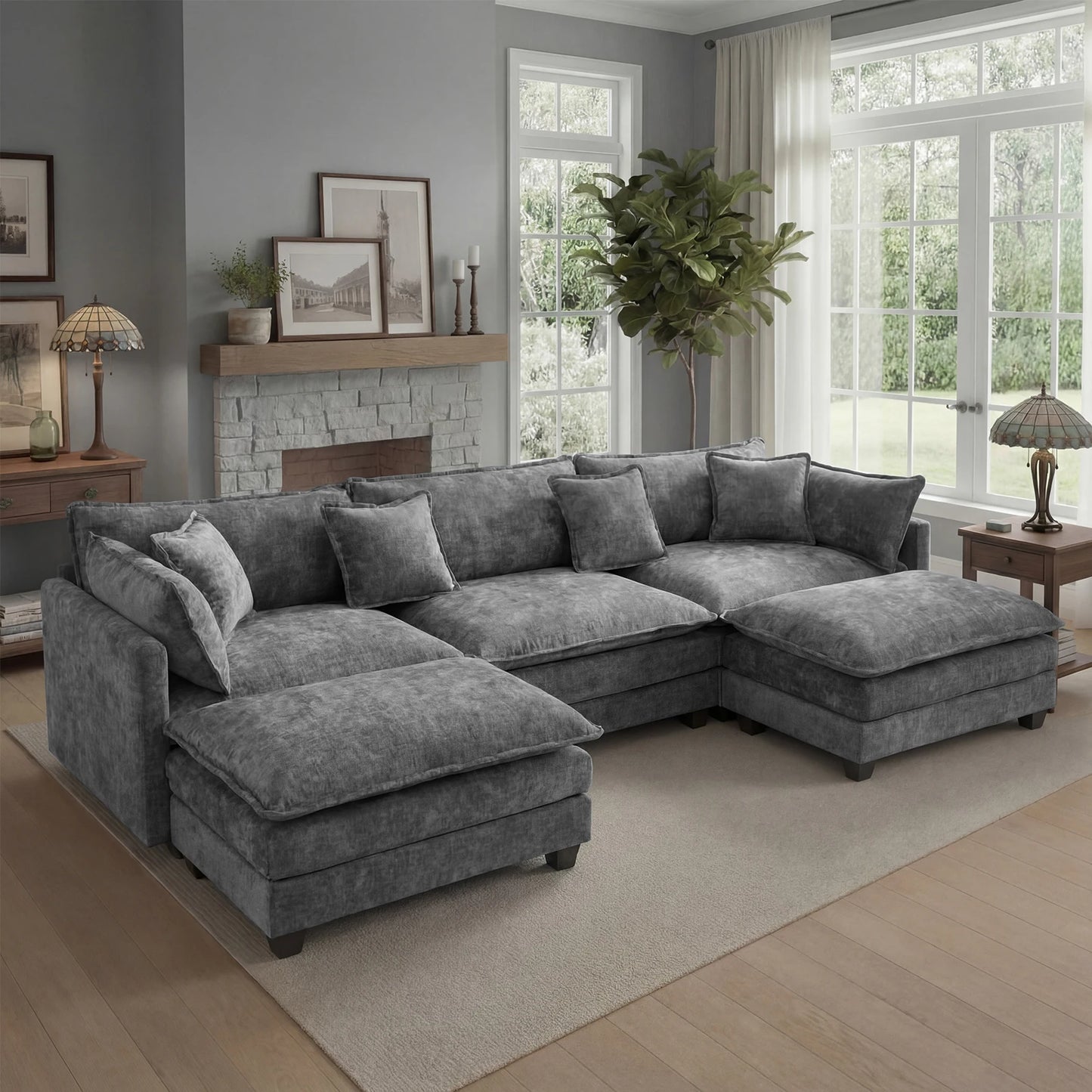 Redlife 113.4" Modular Sectional Sofa with Ottoman, Comfy Cloud Couch with Deep Seat (23.6" D), Solid Wood Frame,for Living Room