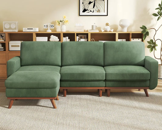 97" L-Shape Modular Sofa, 3-Seat Corduroy Couch with Movable Ottoman, Sectional Sofa for Living Room, Green, Customized