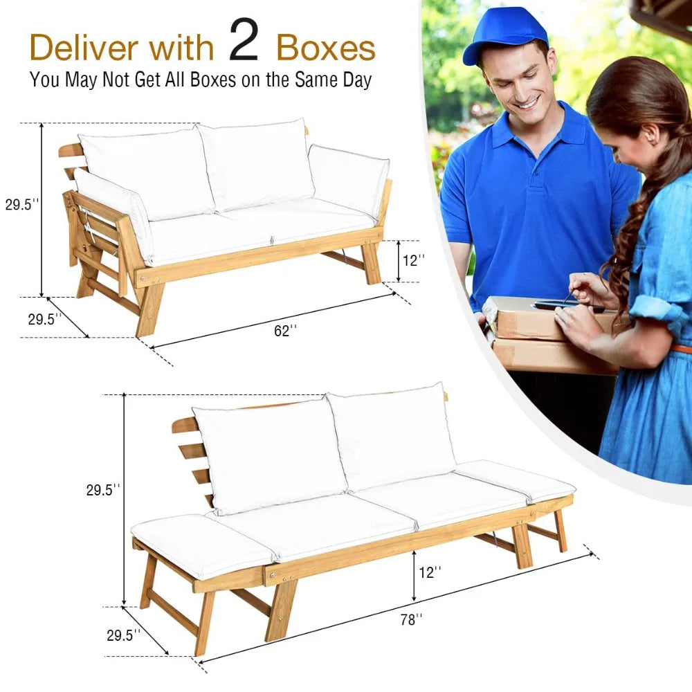 Convertible Acacia Patio Sofa Bed Adjustable Armrest Cushion Pillows Outdoor Folding Futon Bench Porch Garden 3-Seat, Custom