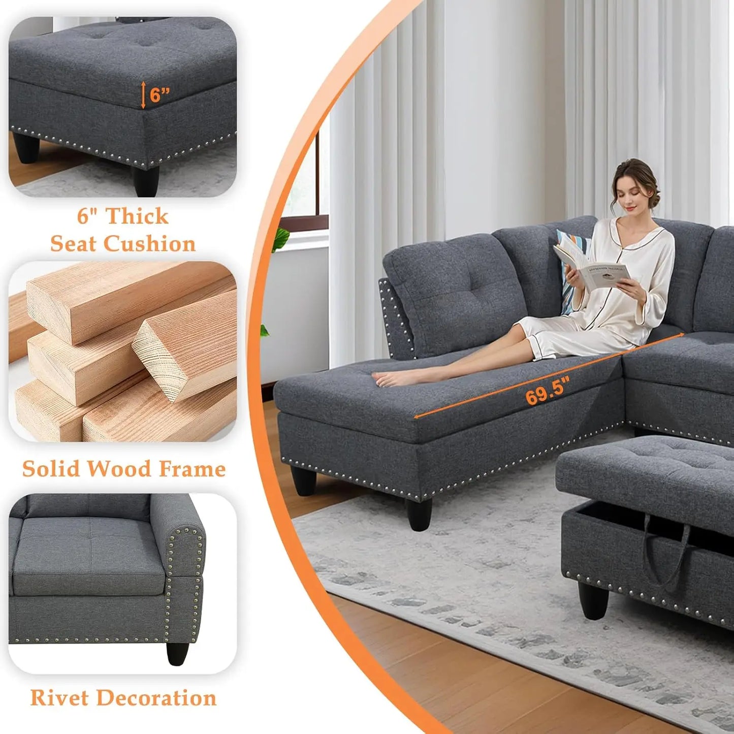 L-Shape Sectional Sofa Chaise With Ottoman And Cup Holder