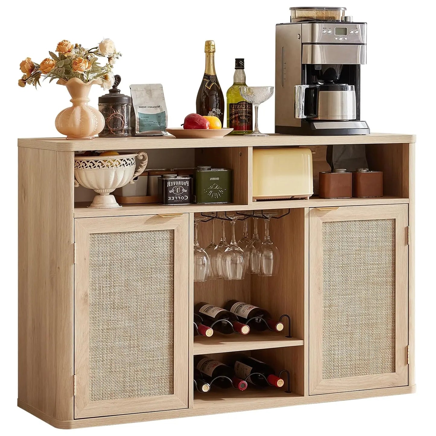 Rattan Wine Cabinet With 2 Doors,Boho Liquor Cabinet,Wine Racks,Farmhouse Coffee Bar Station For Living Room,Custom