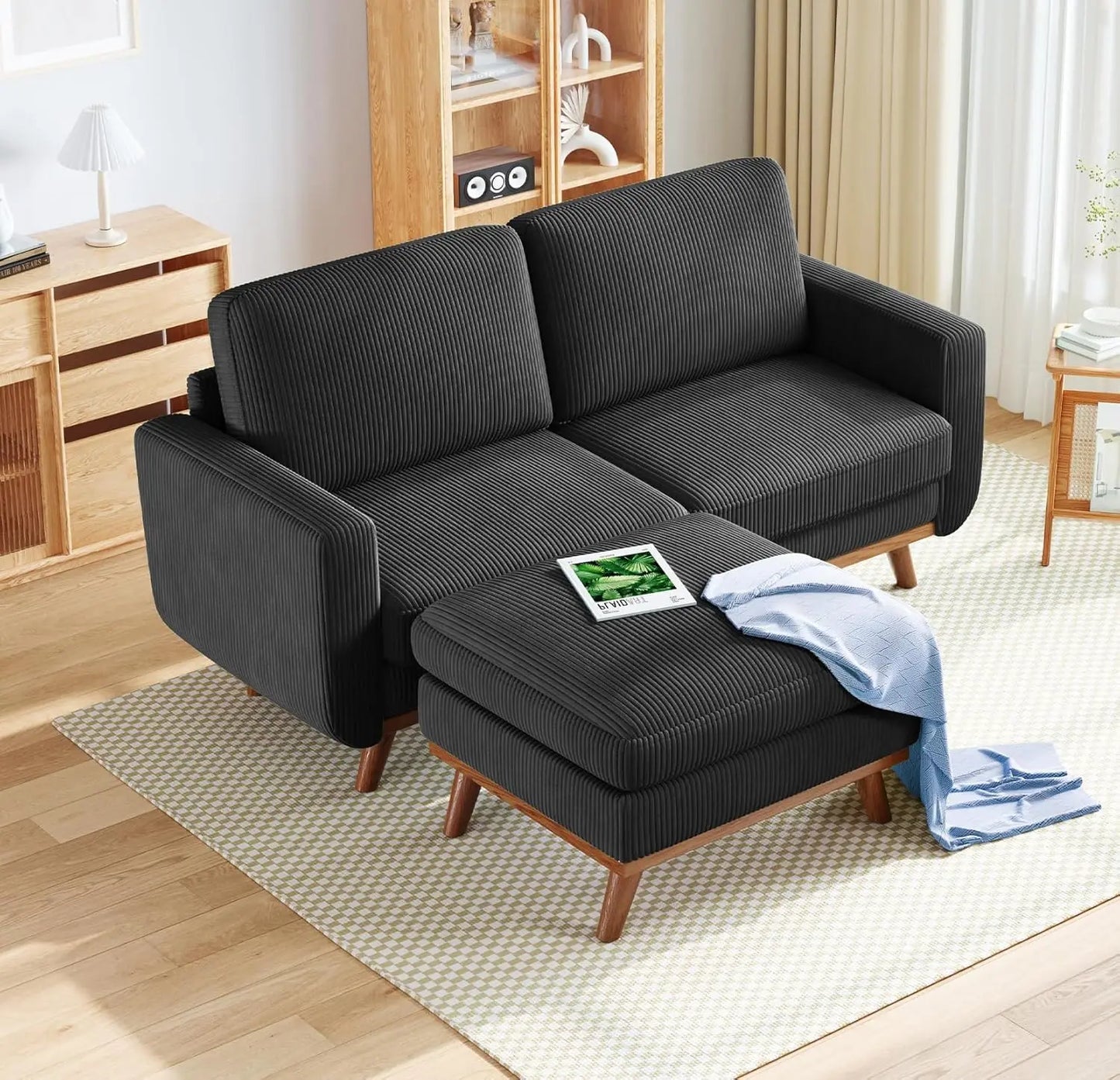 Corduroy L-Shape Modular Sofa With Movable Ottoman Sectional