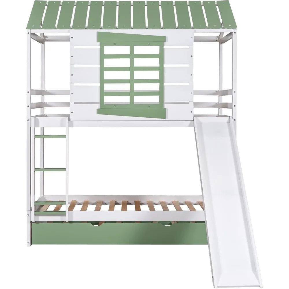 Twin Over Twin Bunk Bed With Slide Trundle Playhouse