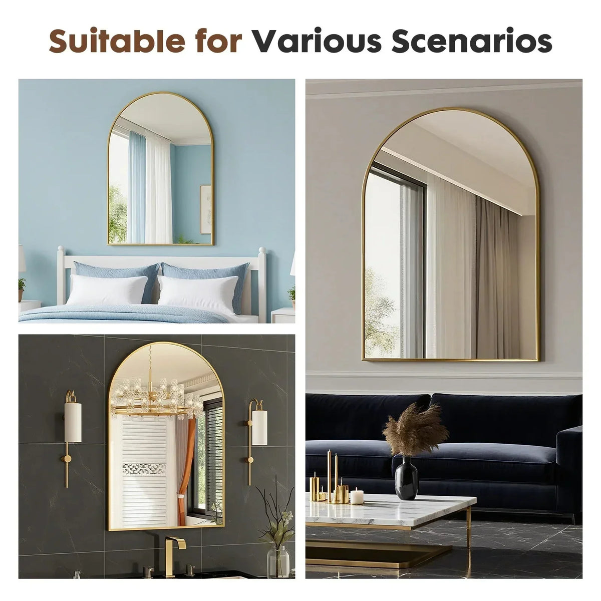 Arched Metal Framed Bathroom Mirrors for Wall  Hanging Mirror Glass Mirror Modern Wall Decor For Bedroom Entryway The Pet & Home Store