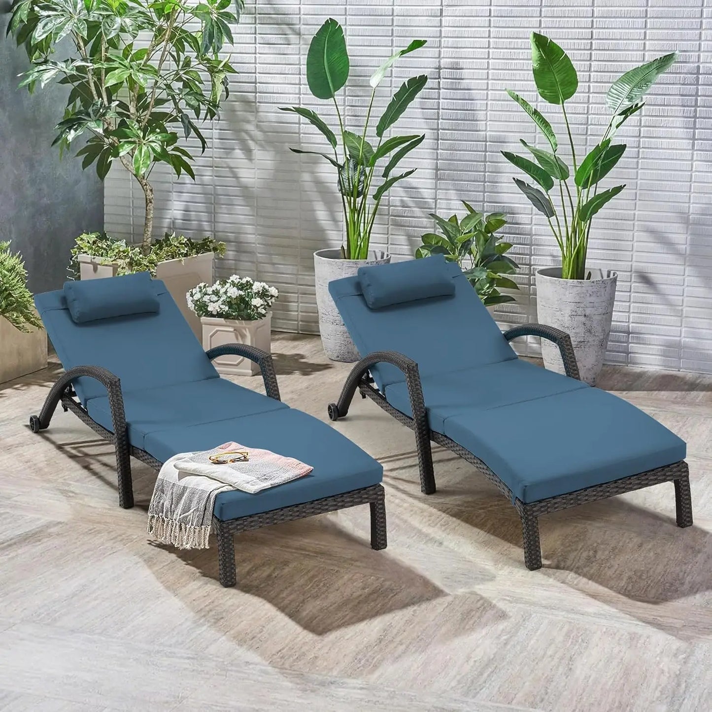 Adjustable 5-Position PE Rattan Outdoor Chaise Lounge Set 2 with Cushion Pillow Wheels for Poolside Backyard, Custom