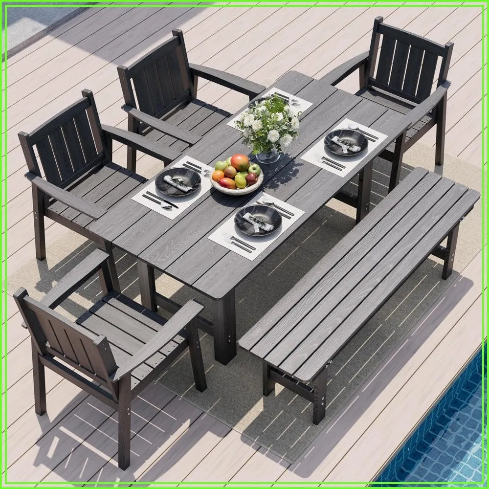 HDPE Outdoor Dining Set With Table Chairs Bench Umbrella Hole