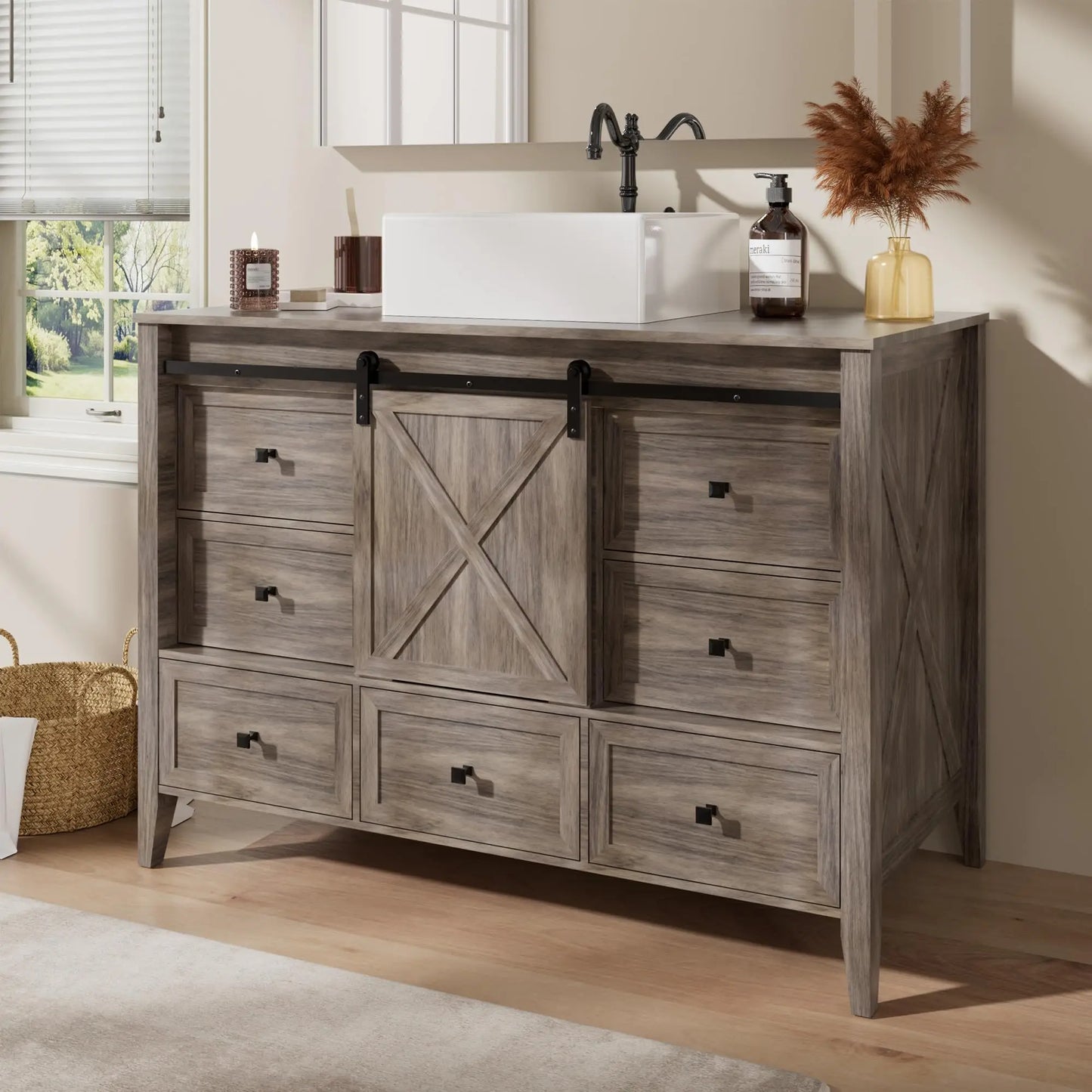 Ceramic Sink Bathroom Vanity With Freestanding Farmhouse Sliding Barn Door