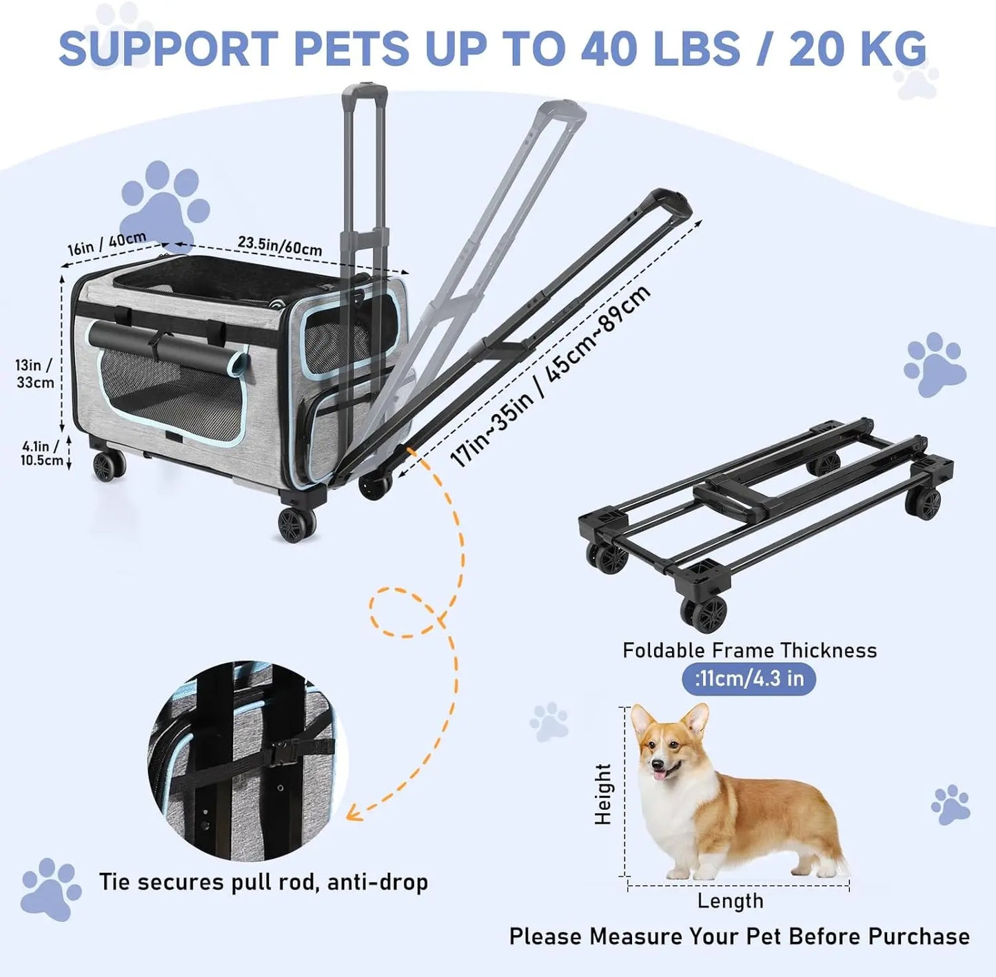 Pet Carrier with Wheels for Cats and Dogs, Detachable Wheels & Washable Pad, Escape-Proof Zipper, Portable Travel Bag for