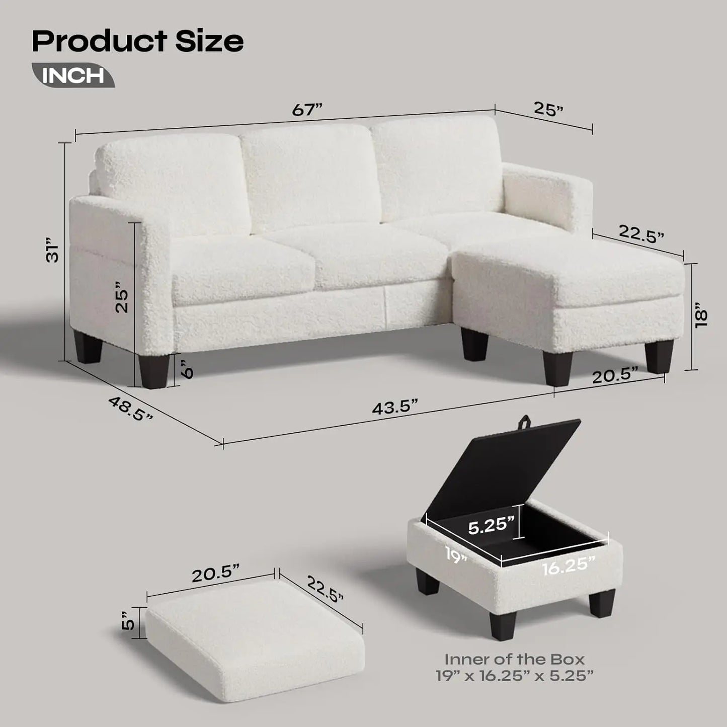 L Shaped Sectional Sofa With Reversible Chaise Boucle Cushion Customized