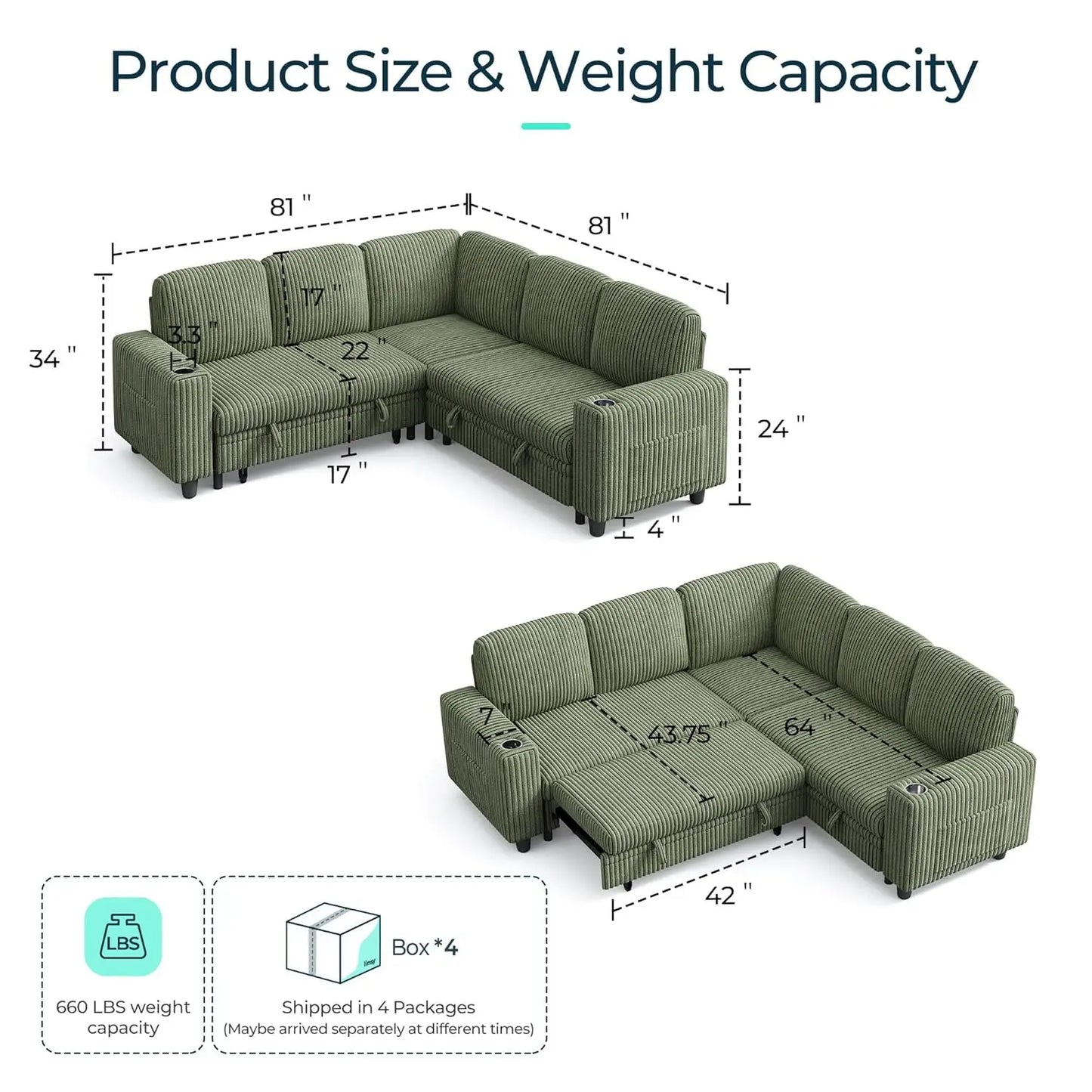 Convertible Sleeper Sectional Sofa With Storage Chaise USB Pullout