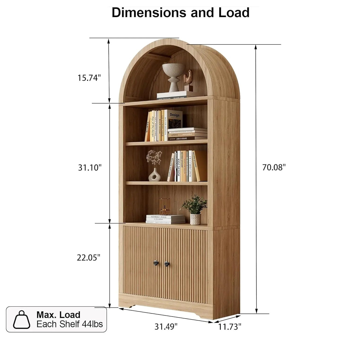 Arched Bookcase With Storage Door 6 Tier Freestanding Cabinet Farmhouse