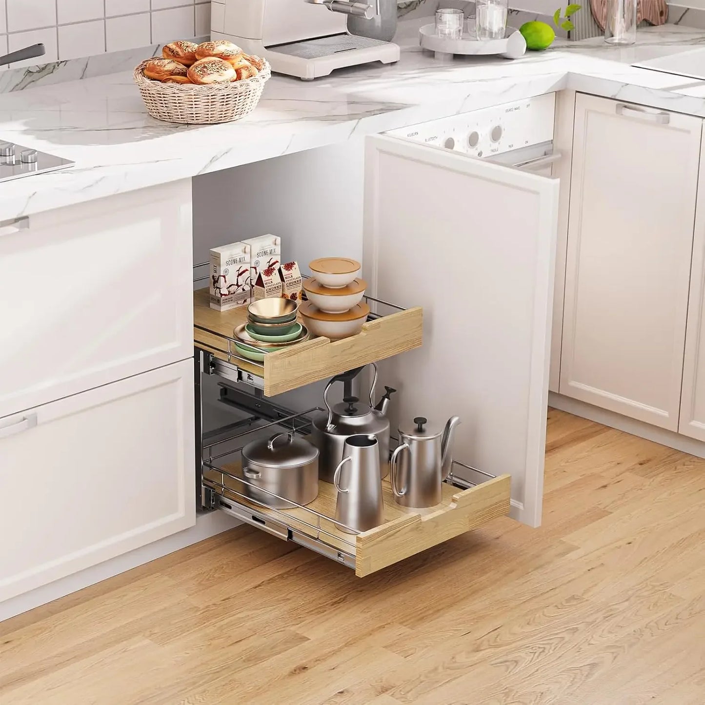 Two Tier Pull Out Cabinet Organizer With Wire Basket