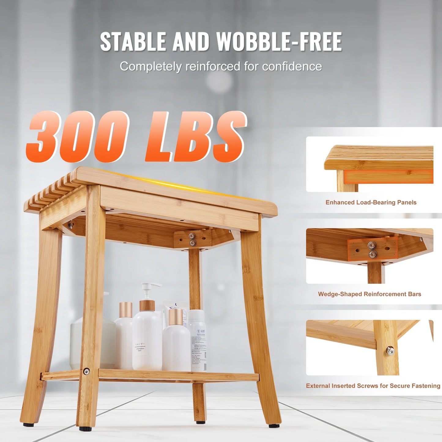 SucceBuy Bamboo Shower Bench With Storage Shelf 330lbs