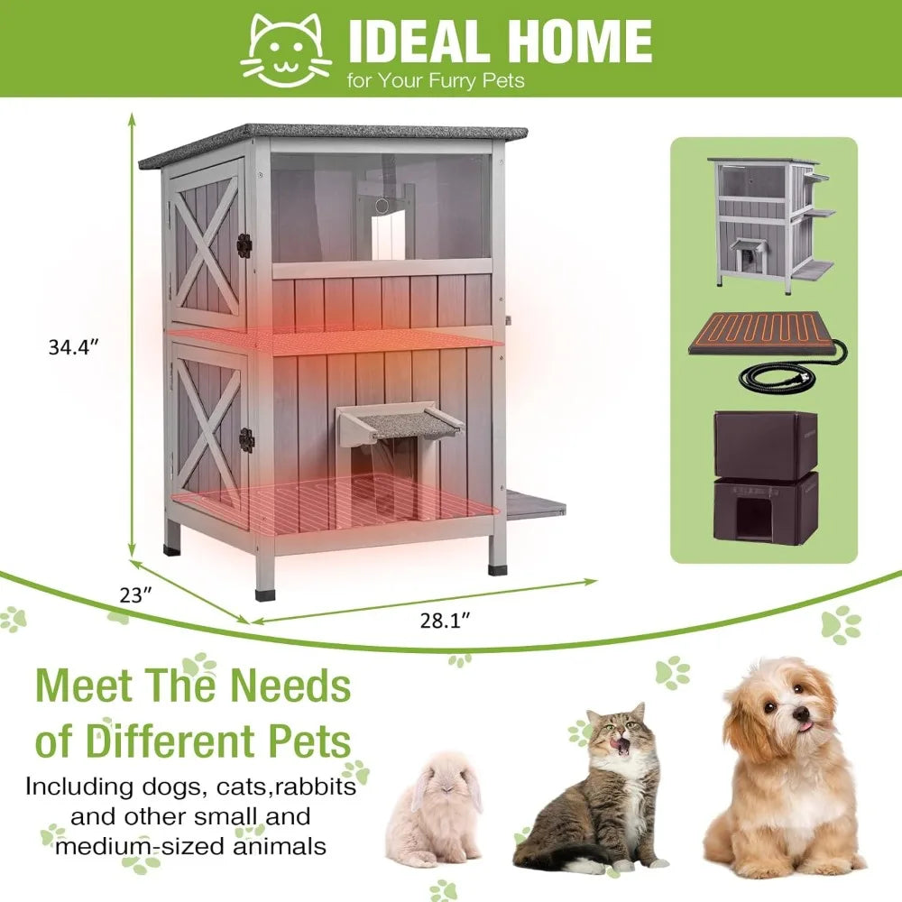 Insulated Outdoor Cat Shelter With Heated Pad, Weatherproof, Two-Story