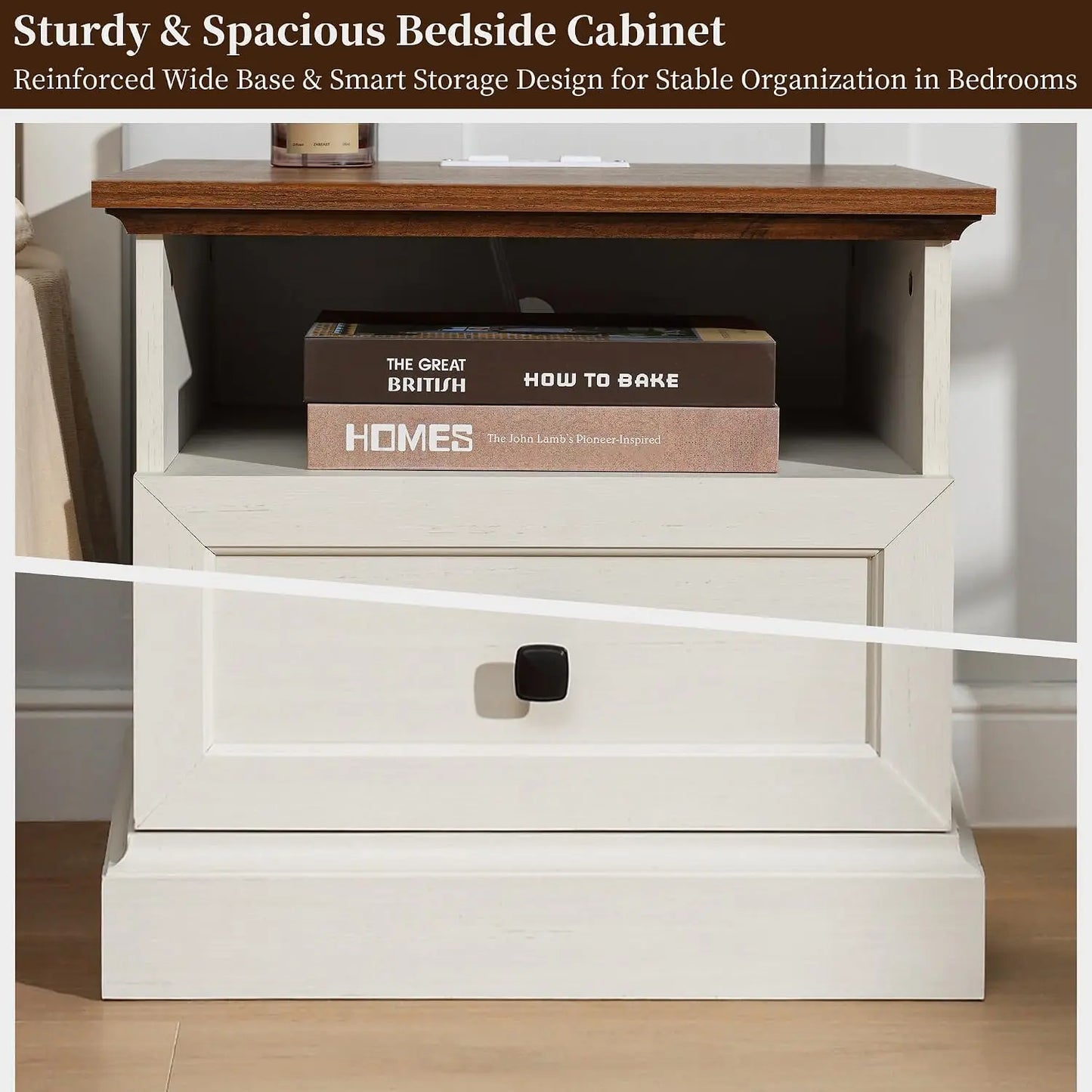 Farmhouse Nightstand Set of 2 with Charging Station & 2-Drawer Storage, Antique White for Bedroom, Custom