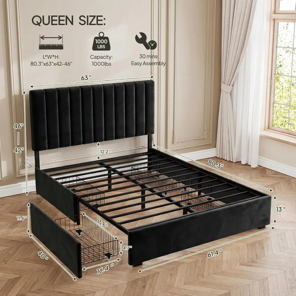 Velvet Bed Frame Queen Size 4 Drawers Storage, Upholstered Platform with Tufted Headboard, No Box Spring, Black