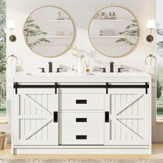 61" Farmhouse Double Bathroom Vanity with Sink Combo, Dual Basin Bathroom Storage Cabinet with Sliding Barn Doors & Drawers The Pet & Home Store