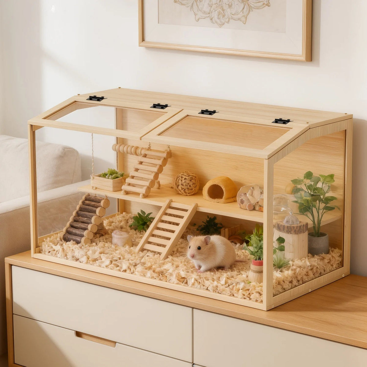 Natural Wooden Hamster Cage Habitat Dual Access Door Built-in Light Animal Cabinet Tabletop Hamsters Habitat for Small Pets The Pet & Home Store