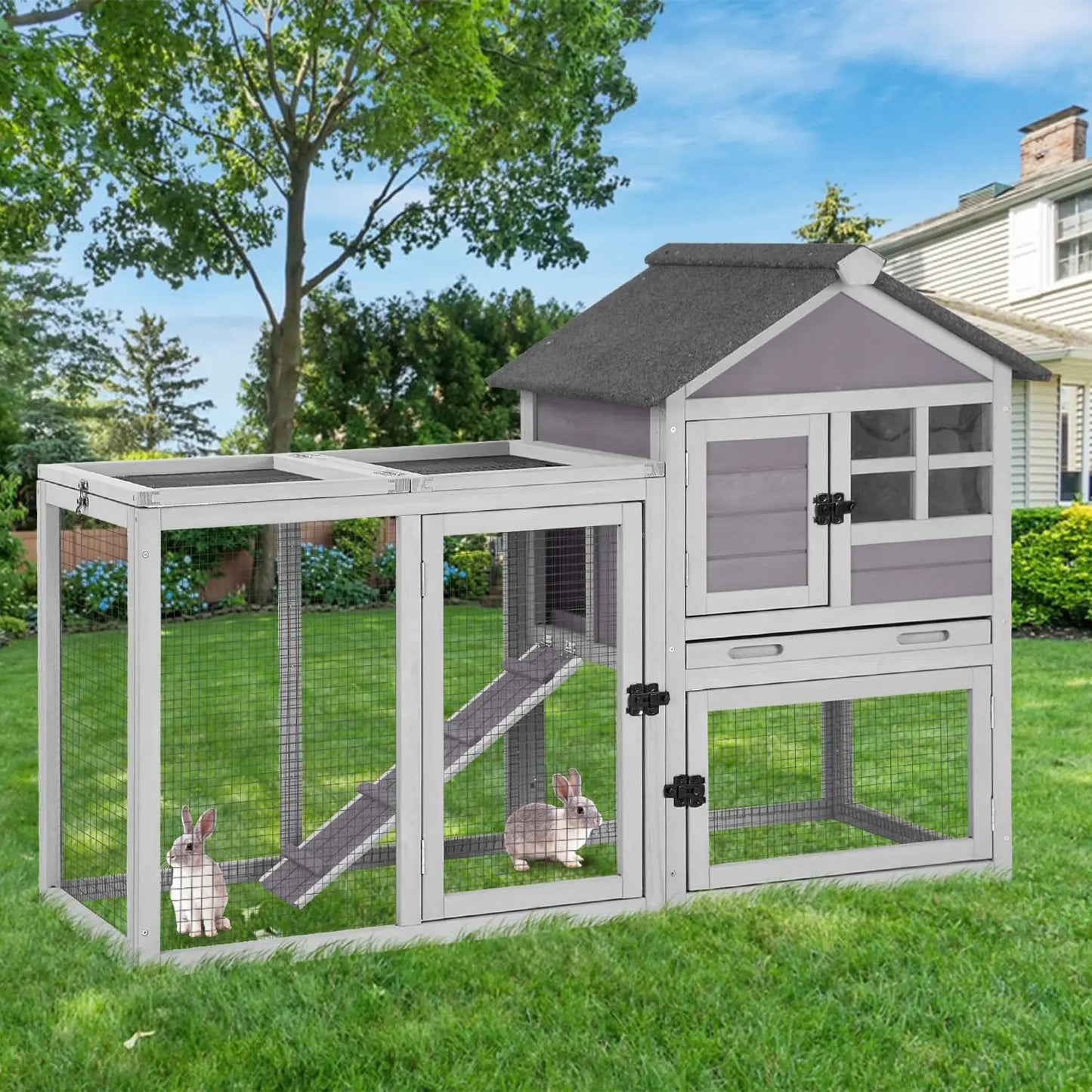 2-Story Chew-Proof Rabbit Hutch With Metal Frame For Indoor Outdoor