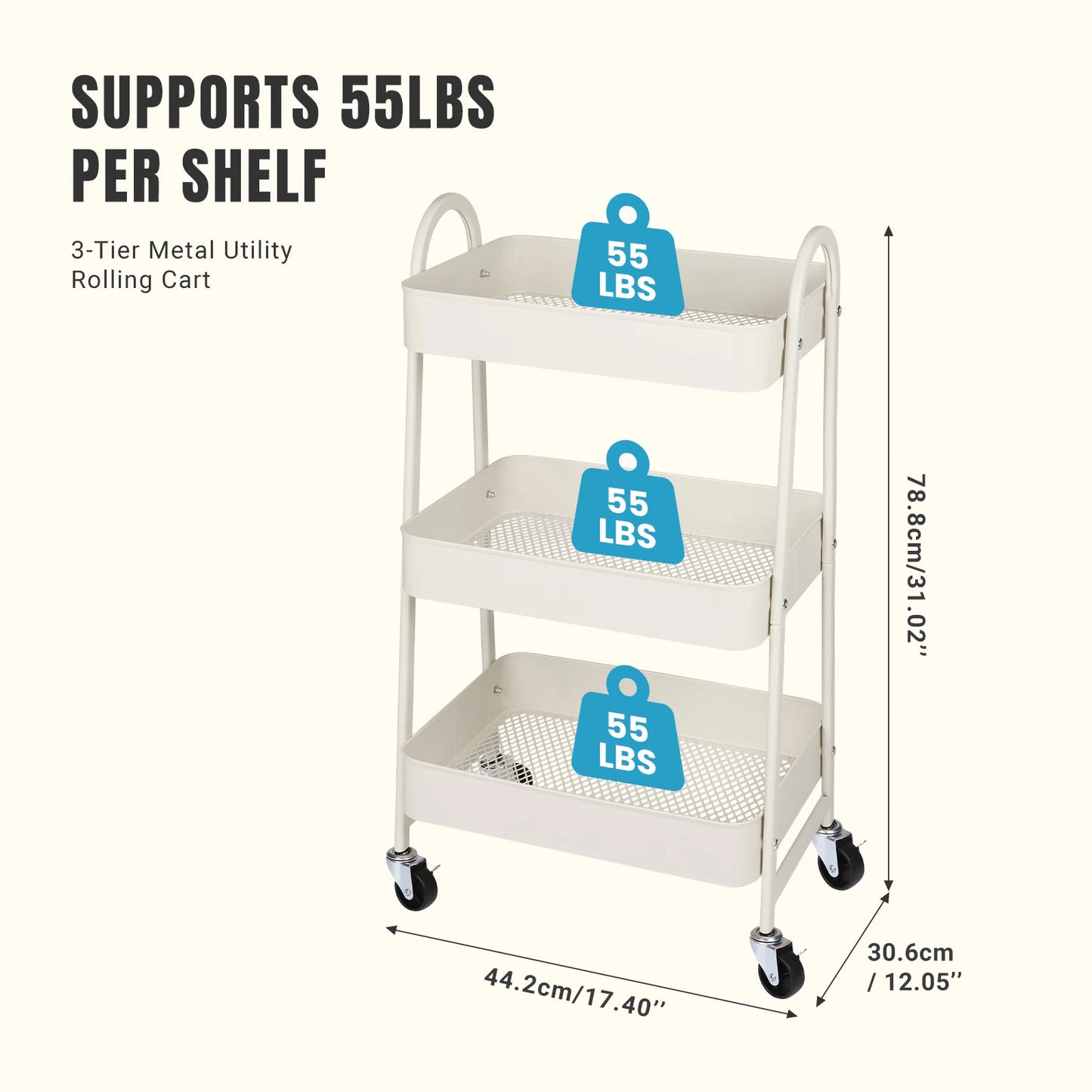 JHK 3 Tier Metal Storage Kitchen Cart with Lockable Wheels Mobile Shelving Unit Utility Rolling Organizer For Home Narrow Places