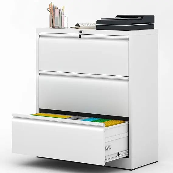3-drawer lateral file cabinet with lock, black metal heavy duty for home office hanging letter files