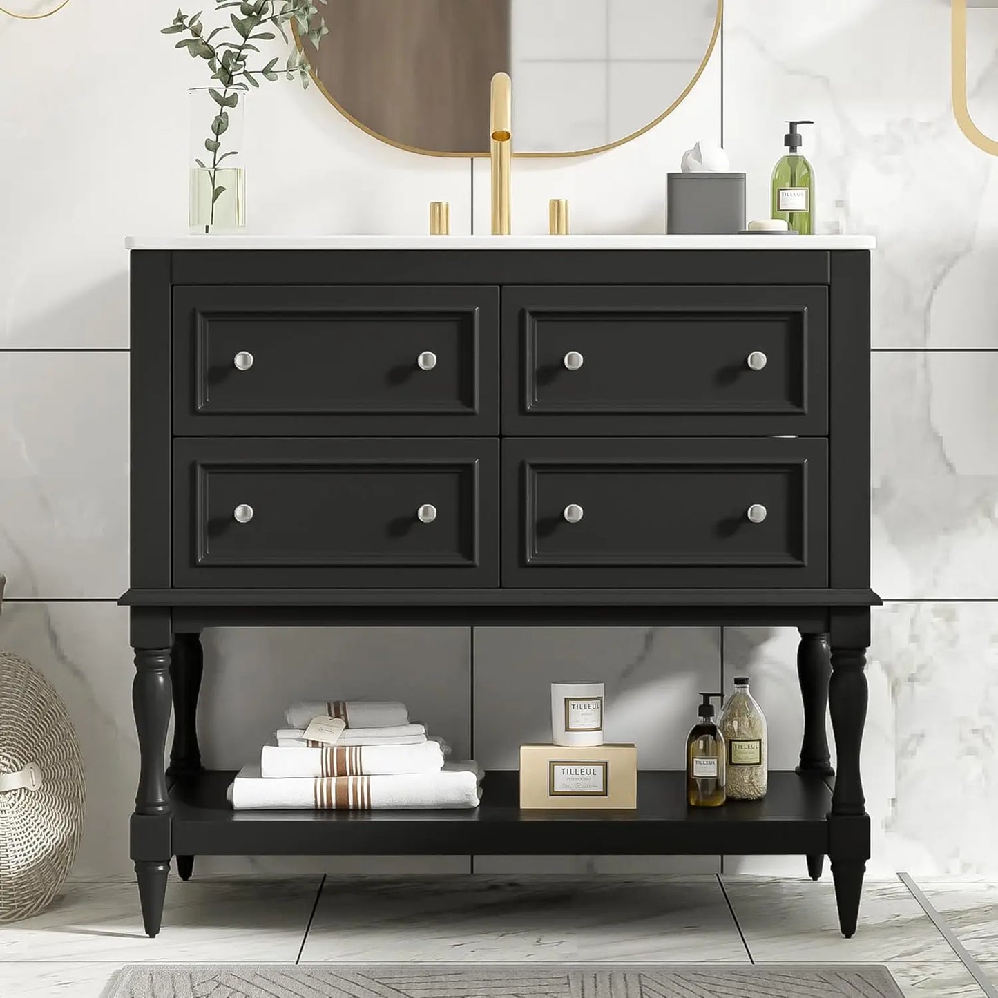 36" Bathroom Vanity with Sink Farmhouse Storage Cabinet 4 Drawers Open Shelf Solid Wood Frame Bath Furniture Customized