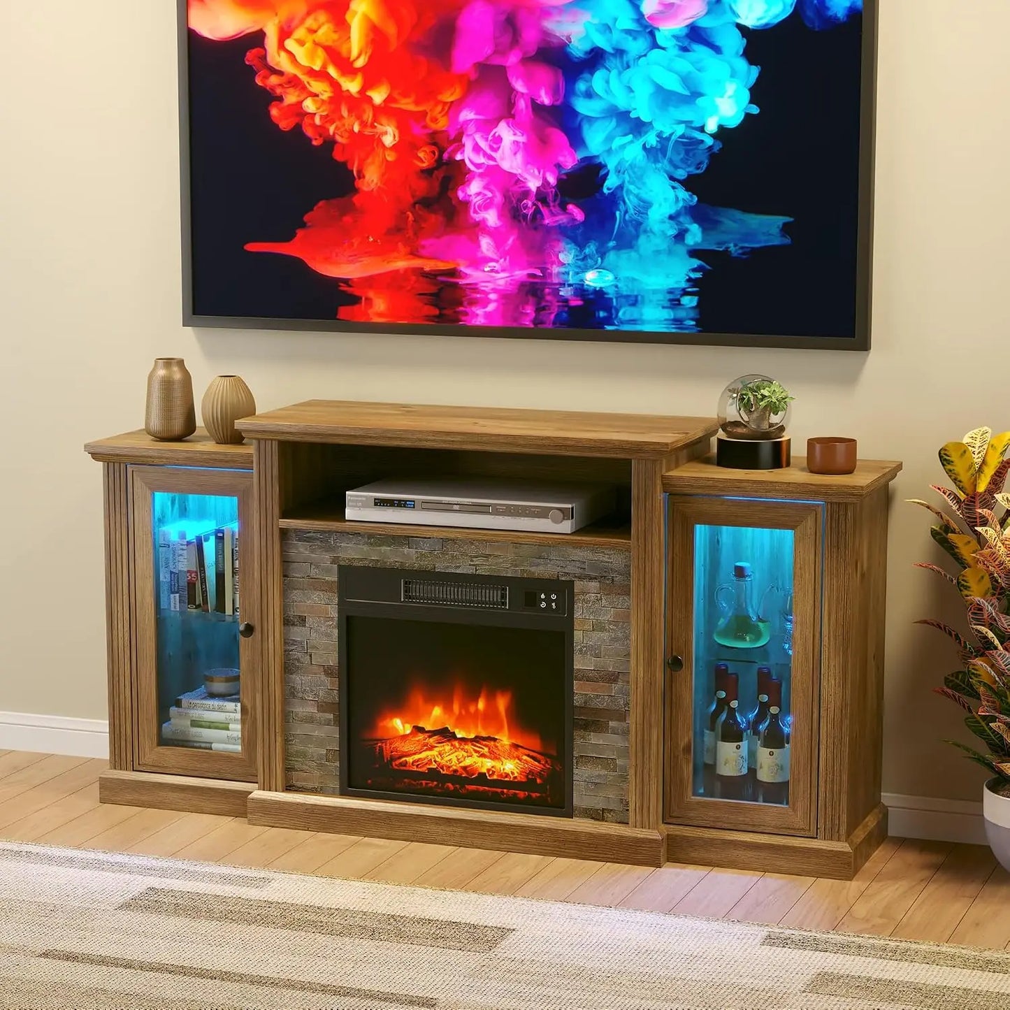 Fireplace TV Stand for 65 Inch TV, Entertainment Center with 18 inch Electric Fireplace & LED Lights,Mordern Media, Customized The Pet & Home Store
