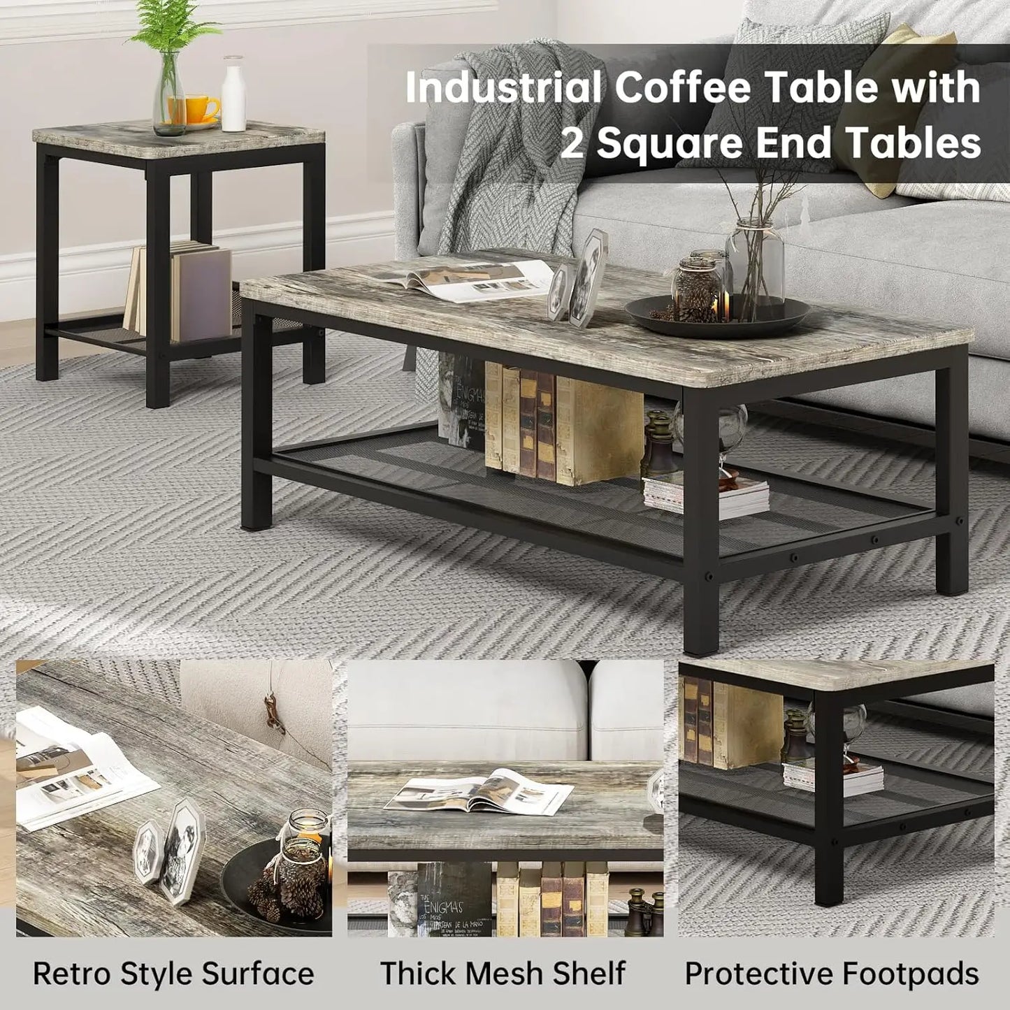 Industrial Coffee Table Set of 3 With Adjustable Legs